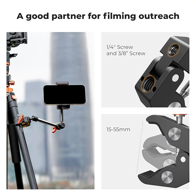 K&F CONCEPT 9.8" Magic Arm Clamp Kit with 1/4" & 3/8" Thread Screw 360° Ball Heads Articulating Magic Arm with Tripod Mount Adapter for Gopro/LED Lights/Monitor/Flash/Microphone/DSLR Camera - Image 5