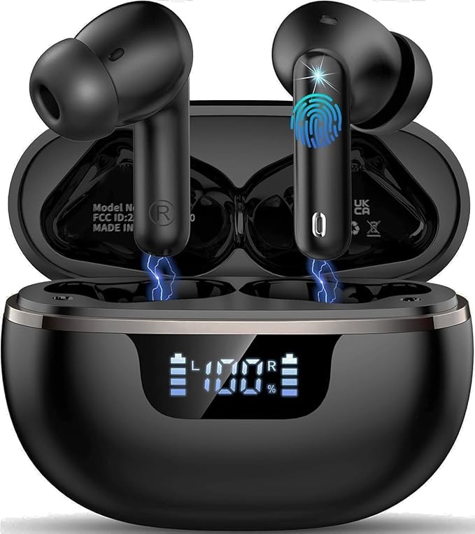 Wireless Earbuds Bluetooth Headphones Noise Cancelling, Bluetooth 5.4 Ear bud with Dynamic Drivers Stereo, 40H Playtime Sports Earphones Wireless Waterproof with LED Power Display for Laptop Pad Phone