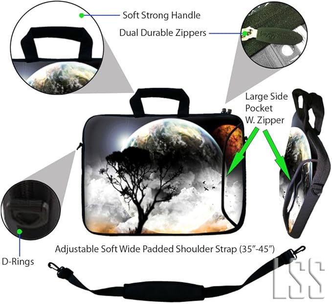 LSS 17-17.3" Laptop Sleeve Bag Compatible with Acer, Asus, HP, Sony, and More | Carrying Case Pouch w/Handle & Adjustable Shoulder Strap-Earth and Moon Eclipse