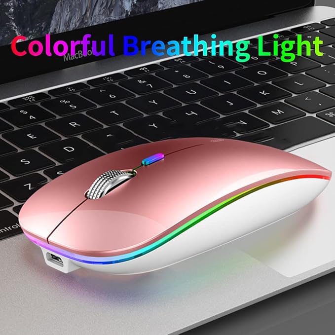 Uiosmuph LED Wireless Mouse, G12 Slim Rechargeable Silent Mouse, 2.4G Portable USB Optical Wireless Computer Mice with USB Receiver and Type C Adapter (Rose Gold)