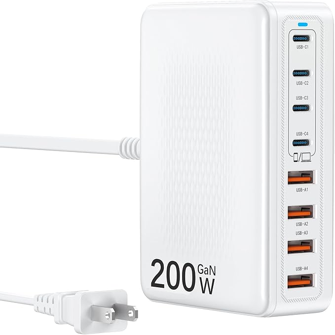 USB C Charger Block 200W Charging Station Hub for Multiple Devices Upgraded GaN III 8-Port PD 65W Fast Laptop Power Adapter for MacBook Pro/Air,DELL,iPad,HP,iPhone 16/15,Samsung S25/S24,Steam Deck etc