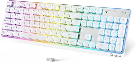 ZIYOU LANG M104 RGB Wireless Keyboard, Low-Profile Silent Membrane Keys, 2.4G Bluetooth USB Wired, Spill-Resistant, Rechargeable Full-Size 104-Key Keyboard for PC Mac, White