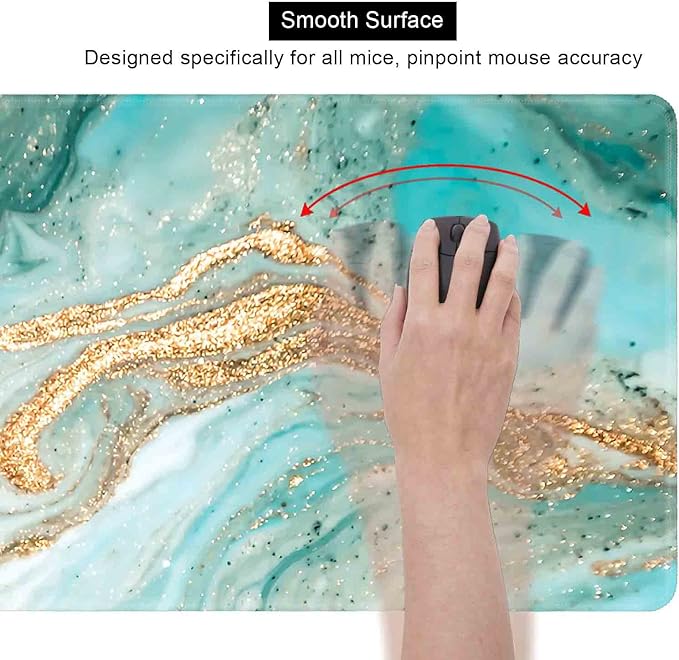 Large Mouse Pad, Extended Gaming Mousepad with Stitched Edges Rubber Base, Modern Teal Keyboard Mouse Mat Desk Pad for Work, Office, Home, 31.5 X 11.8 Inch - Green & Gold Marble Texture Art