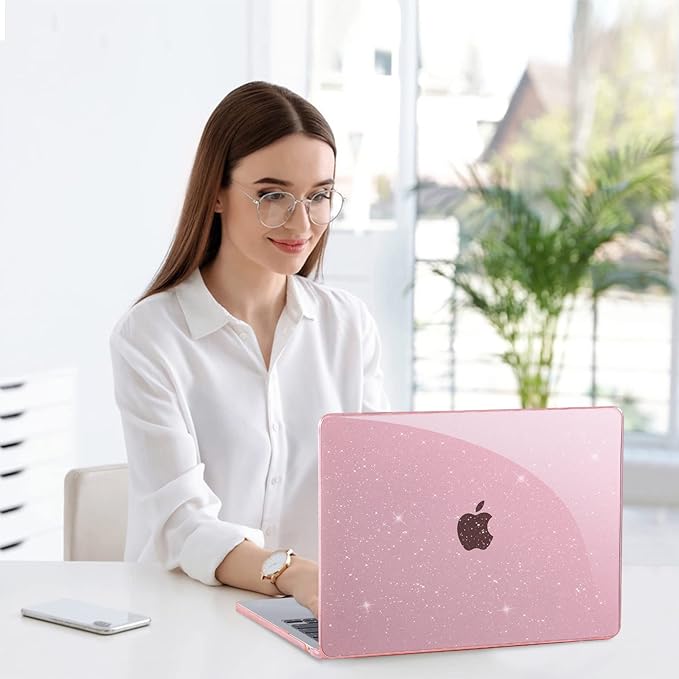 EooCoo Case Compatible with MacBook Air 13 inch M5 2026-2022 Release M4 M3 M2 A3449 A3240 A3113 A2681, Glitter Hard Shell&Keyboard Skin Cover&Screen Protector for Mac Air 13.6 inch, Sparkly Pink