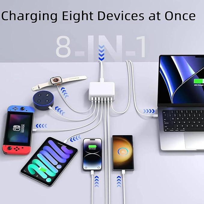 USB C Fast Charger Block, 200W GaN 8 Port PD USB C Wall Charging Station Hub, Type C Power Adapter Plug Cube Brick Box for Apple iPhone 17 16 15 14 13 12 Pro Max,iPad, MacBook Pro/Air/, Samsung Galaxy