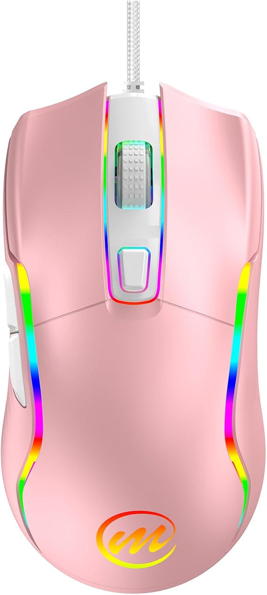 memzuoix Wired Gaming Mouse with RGB - 6 Adjustable DPI up to 12800, 6 Buttons, 12 Lighting Modes, Ergonomic Design with Anti-Slip Rubber Wheel, 5.6ft Braided Cable for PC/Mac/Windows - Pink