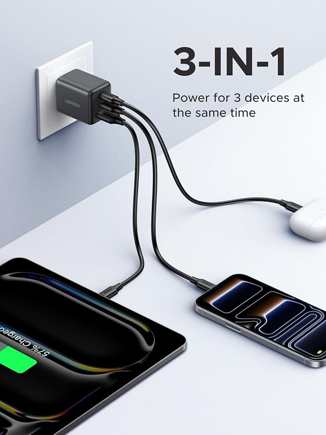 UGREEN 1 Pack 30W Charger for iPhone 17 Fast Charging, 3 Port GaN Charger Block with 6.6ft USB-C Cable for iPhone 17/Air/16/15/14, Galaxy S26/S25/S24, Pixel 10/9/8/7, iPad and More, Matt Black