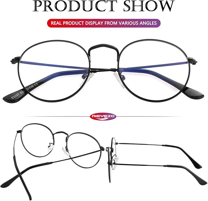 AIEYEZO Blue Light Glasses for Women Men Fashion Retro Circle Wire Frames Eyeglasses Anti-Blue Light Computer Gaming Glasses