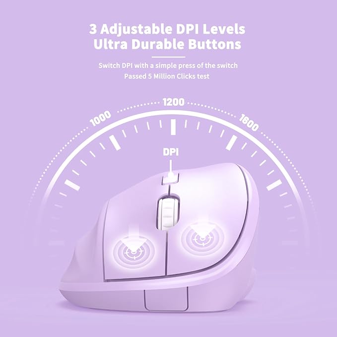 Ergonomic Wireless Mouse with USB Receiver for PC Computer, Laptop and Desktop, Ergo Mouse Vertical with Silent Clicks Long Battery Life, Up to 1600 DPI & 1 AA Battery Powered, Purple