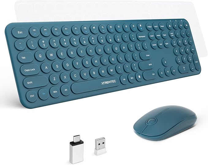 XTREMTEC 2.4G Full Size Wireless Keyboard Mouse Combo, Ultra Slim Silent Cute Computer Keyboard with USB Receiver for Windows, OS, PC, Mac, Tablet (Blue)