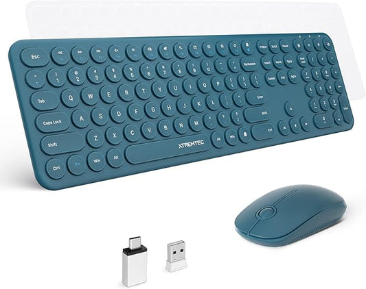 XTREMTEC 2.4G Full Size Wireless Keyboard Mouse Combo, Ultra Slim Silent Cute Computer Keyboard with USB Receiver for Windows, OS, PC, Mac, Tablet (Blue)