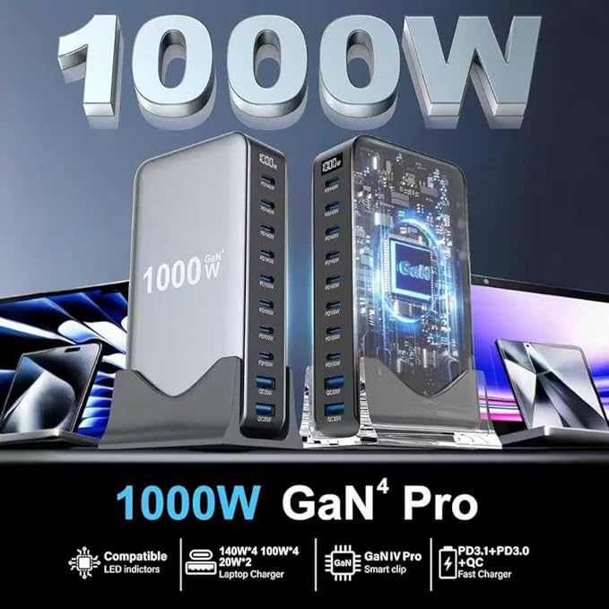 1000W USB C Fast Charger Block, 10 Ports GaN IV Pro USB Chagring Station, 140W PD QC HUB for Multiple Devices, Laptop Adapter Compatible with MacBook Pro/Air iPad iPhone Pro Max, Galaxy, Dell, HP