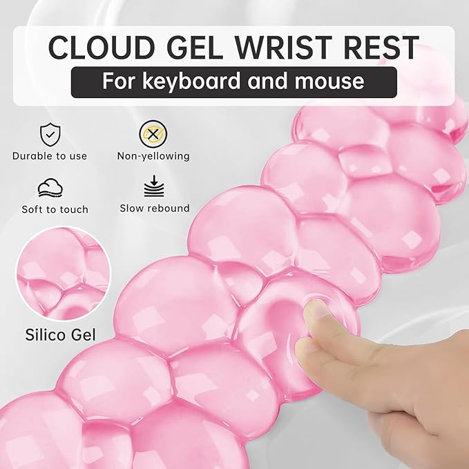 Mouse Pad with Wrist Rest, Soft Cloud Gel Keyboard Mouse Pad Set with Hand Wrist Support, Cute Non Slip Office Desk Accessories for Comfort/Pain Relief/PC Gaming/Computer/Laptop, (Pink Cloud)