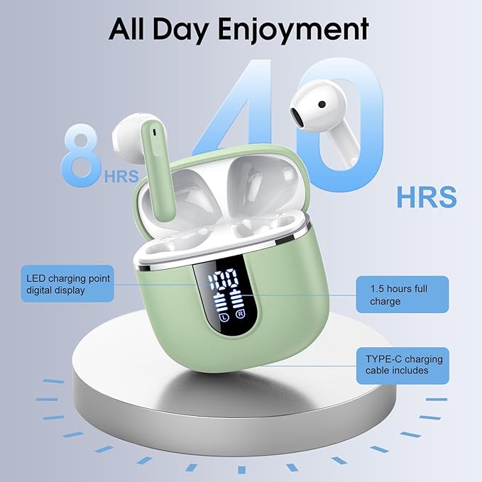 Wireless Earbuds, Bluetooth 5.4 Headphones with 3D Bass Stereo, 40H In-Ear Buds with 4 ENC Noise Cancelling Mic, Ultralight Bluetooth Earbuds USB-C LED, IP7 Waterproof Earphones for Android iOS, Green