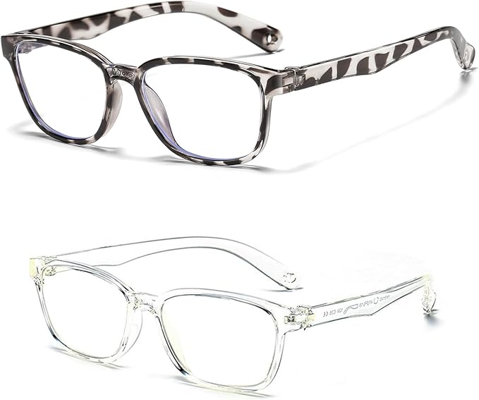 Kids Blue Light Blocking Glasses 2 Pack, Anti Eyestrain, Computer TV Phone Glasses for Boys Girls Age 3-9 (Transparent+Leopard)