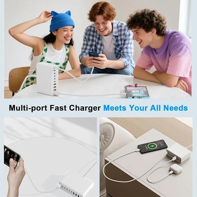 USB C Fast Charger Block, 200W GaN 8 Port PD USB C Wall Charging Station Hub, Type C Power Adapter Plug Cube Brick Box for Apple iPhone 17 16 15 14 13 12 Pro Max,iPad, MacBook Pro/Air/, Samsung Galaxy