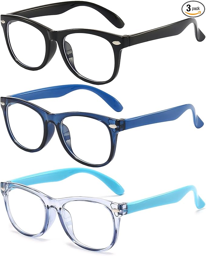 FANNYGO 3 Pack Kid Blue Light Glasses For Kids Girls Boys Computer Blue Light Kids Glasses Clear Glasses Age 3-9 (Black + Dark blue + Light blue)