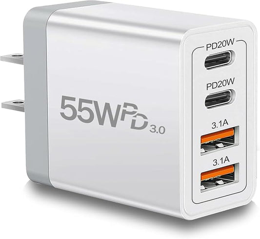 Dual USB C Charger 55W USB C Charger Block, CARZONJX 4 Port Type C Fast Charging Block QC+PD Power Adapter Wall Plug for iPhone 17 16 15 14 13 12 11 Plus Pro Max, Galaxy, Tablet and More