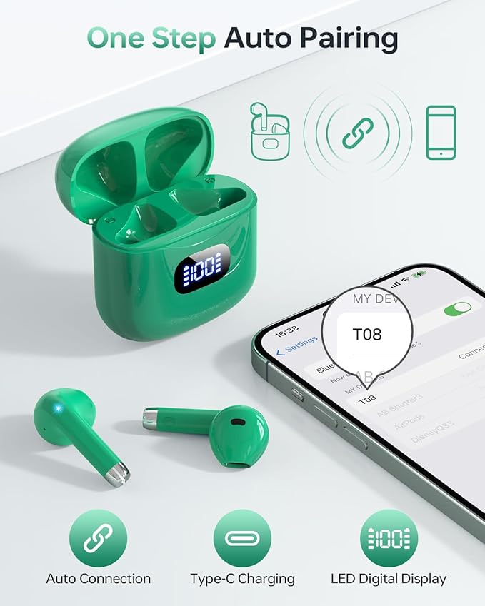 Wireless Earbuds Bluetooth 5.3 Headphones, 40Hrs Playback Stereo Ear Buds with LED Display Charging Case IPX7 Waterproof in-Ear Earphones with Mic for Phone Tablet Laptop Sports