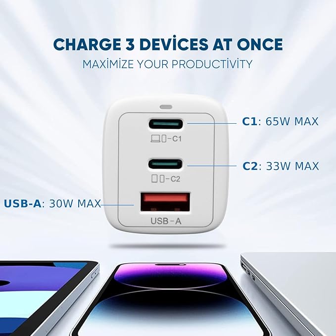 65W USB C Charger, GaN Pro PD Fast Charge Foldable 3 Ports Compatible with iPhone 15,14 Pro, MacBook, Samsung, Laptop, Android Devices (C Cable Included) (White)