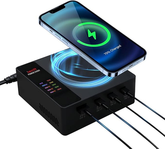 ISDT Power 200H 200W USB C Charging Station 5-in-1 Desktop Charger with 3 USB-C, USB-A & 15W Magnetic Wireless Charger, PD Fast Charging Hub with LCD Display for MacBook, Laptop, iPad, iPhone, Samsung