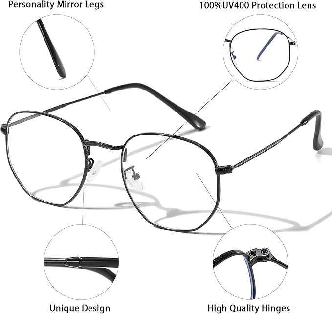 Hexagonal Metal Blue Light Blocking Glasses Anti Eye Strain for Digital Screens Lightweight Frame for Men Women
