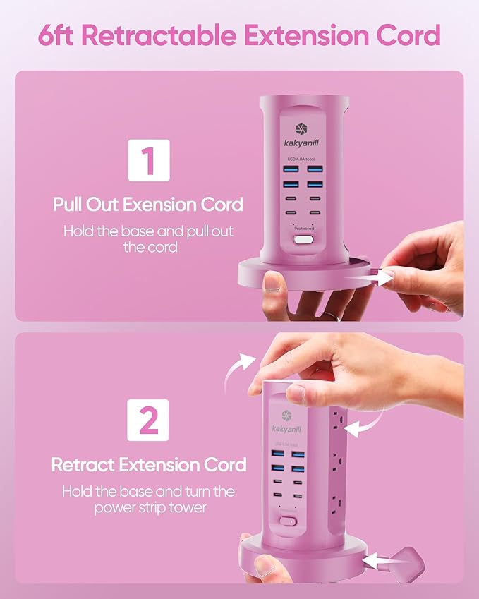 Power Strip Tower, kakyanill Surge Protector Tower 9 AC Outlets 8 USB (4 USB C), 6 Ft Retractable Extension Cord, Charging Station for Office Dorm Room, Purple