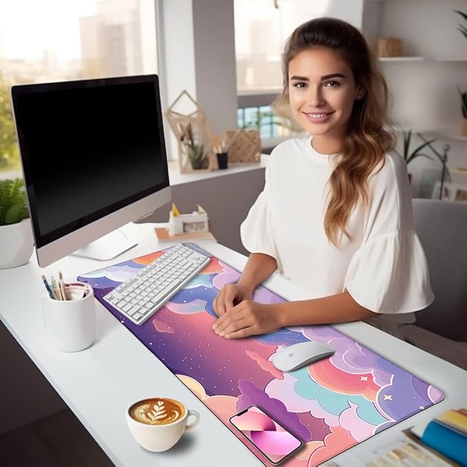 Purple Cloud Mouse Pad Large Desk Mat, Kawaii Purple Computer Mousepad with Stitched Edges Non-Slip, Keyboard Mouse Pad for Desktop Cute Office Supplies Desk Decor Accessories 31.5x11.8 in