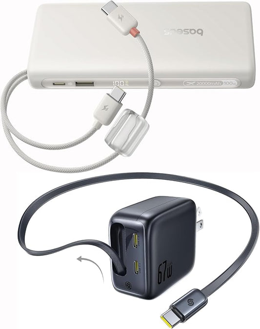 Baseus Portable Charger with Built in Cable, 100W Laptop Power Bank 20000mAh Bundle with Enercore CJ11 Retractable USB C Charger, 67W 3 in 1 Fast Charging Block with Foldable Plug