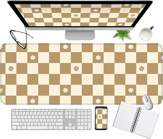 Desk Mat,Big Desk Pad,31.5 x 11.5in Extended Gaming Mouse Pad,Large Mouse Pad for Desk Rubber Base Mousepad with Stitched Edges,Keyboard Mouse Mat for Work Game Office Home - Beige Chessboard Flower