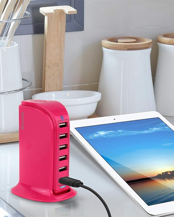 Aduro 40W 6-Port USB Desktop Charging Station HubWall Charger for iPhone iPad Tablets Smartphones with Smart Flow (Pink)