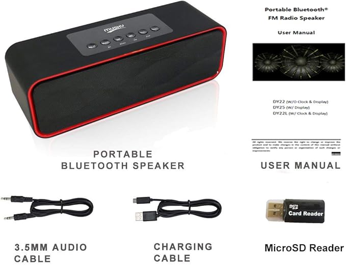 Portable Bluetooth Speaker, with10W Acoustic Driver, LED Display, FM Radio, Alarm Clock, Handsfree Speakerphone, Slots for Micro SD Card & USB & AUX-in, for Smart Phone, Tablet and More(DY22L-Black)