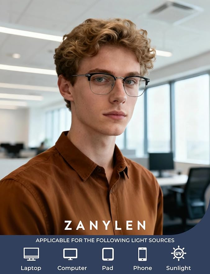 ZanyLen Blue Blocker Glasses for Men Metal Browline Computer Gaming Glasses Filter Blue Ray