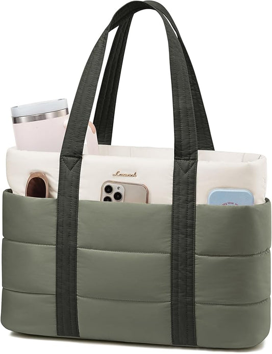 LOVEVOOK Tote Bag for Women, Large Puffer Work Tote Laptop Bag, Lightweight Travel Tote Bag with Zipper Gifts for Women