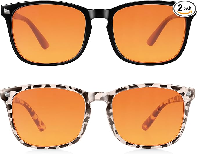 2 Packs Professional Sleep Glasses with 98.7% Blue Light Blocking Dual AR Coatings Amber Lens, Computer Gaming Glasses for Men Women, Anti Fatigue & Eye Strain