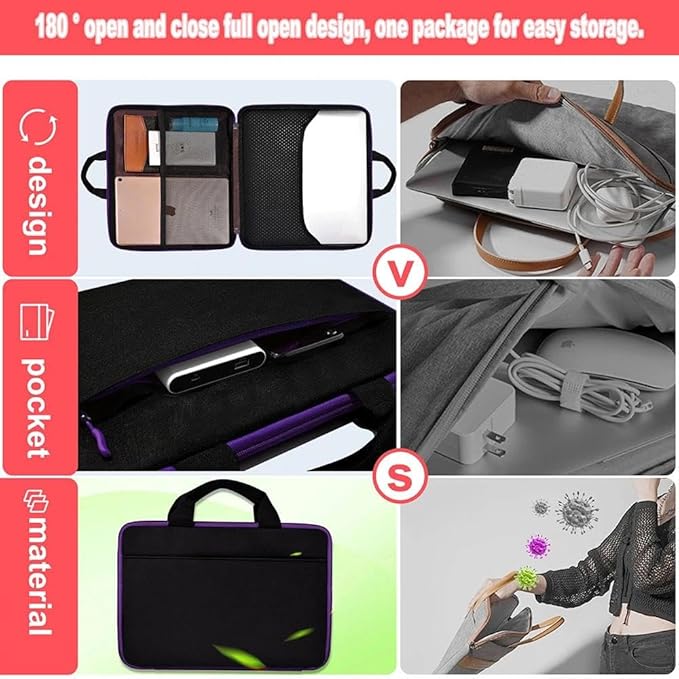 Hseok Laptop Case 13.3-14 inch Sleeve, TSA Computer Handbag Water-Resistant and Shockproof Bag Compatible with MacBook Pro/Neo 14", Mac Air/Pro 13.3" and 13"-14" Notebooks Chromebooks,Black-Purple