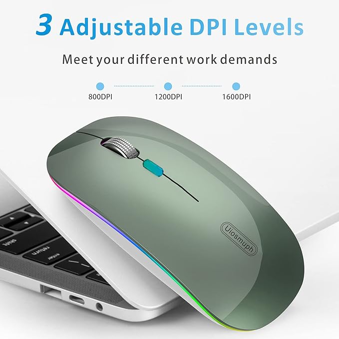 Uiosmuph LED Wireless Mouse, G12 Slim Rechargeable Silent Mouse, 2.4G Portable USB Optical Wireless Computer Mice with USB Receiver and Type C Adapter (Blacklish Green)