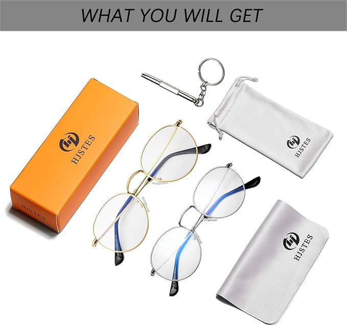 HJSTES Round Blue Light Glasses for Women Men Retro Circle Clear Lens Metal Frame Eyeglasses