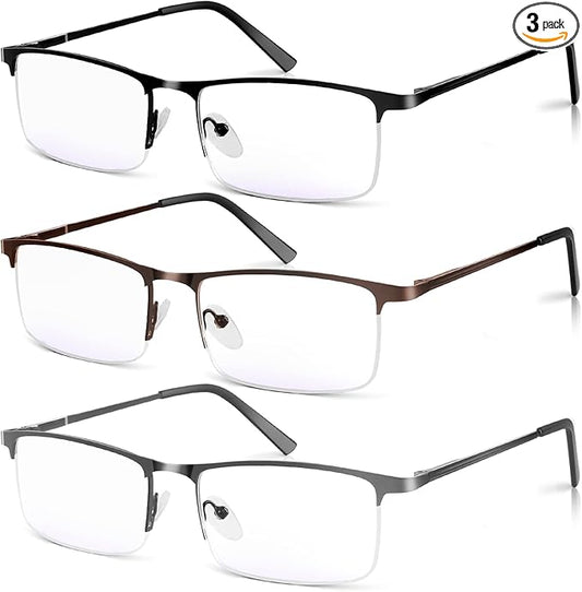 3 Pack Blue Light Blocking Reading Glasses for Men, Stylish Half Frame Metal Computer Readers, Lightweight Spring Hinge Eyeglasses Anti Eyestrain/Glare/UV (Mix Color, Black+Grey+Brown, 4.0)