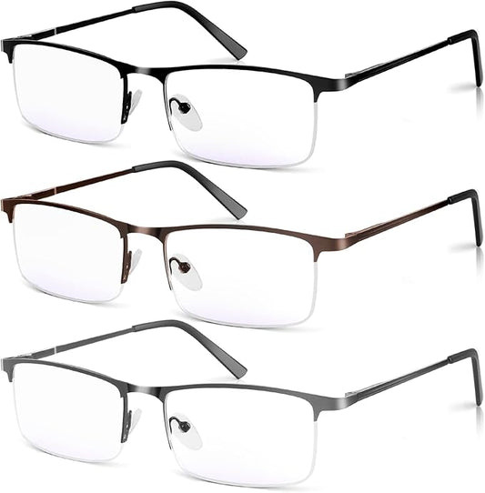 3 Pack Blue Light Blocking Reading Glasses for Men, Stylish Half Frame Metal Computer Readers, Lightweight Spring Hinge Eyeglasses Anti Eyestrain/Glare/UV (Mix Color, Black+Grey+Brown, 3.5)