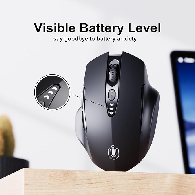 Uineer Wireless Bluetooth Mouse,[Upgraded] Rechargeable (BT 5.0/4.0+2.4G Hz),Computer Mouse with Visible Battery Level, 4 Adjustable DPI, Portable PC Mouse for MacBook Chromebook,Black