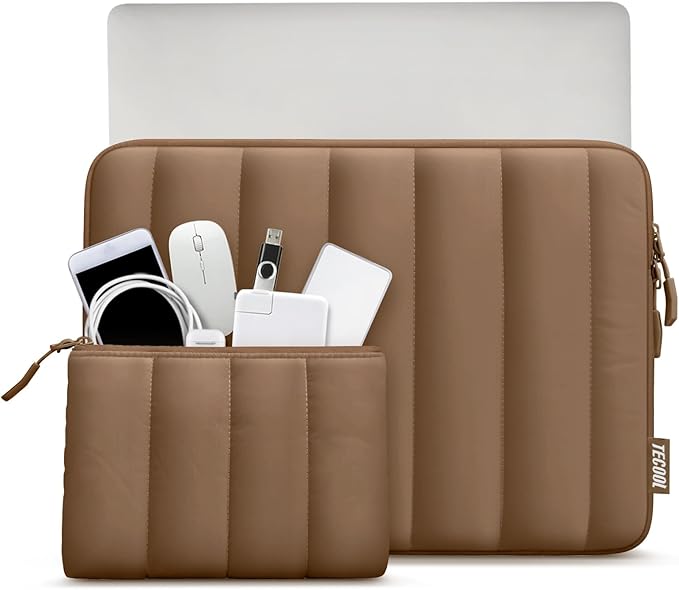 TECOOL Puffy Laptop Case 16 inch,Laptop Sleeve 16 inch for MacBook Pro 16 M5 M4 M3,16 Lenovo Thinkpad HP Acer Asus Dell Chromebook,Protective Waterproof 16 inch Sleeve Notebook with Small Case,Brown