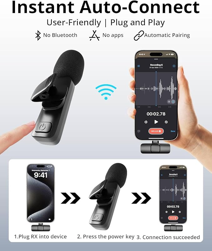 Wireless Lavalier Microphone for iPhone - Android, iPad, Tablets, Bluetooth Mini Microphone with Noise Canceling,65FT Transmission,6H Battery Life, Professional Lapel Mic for Video Recording