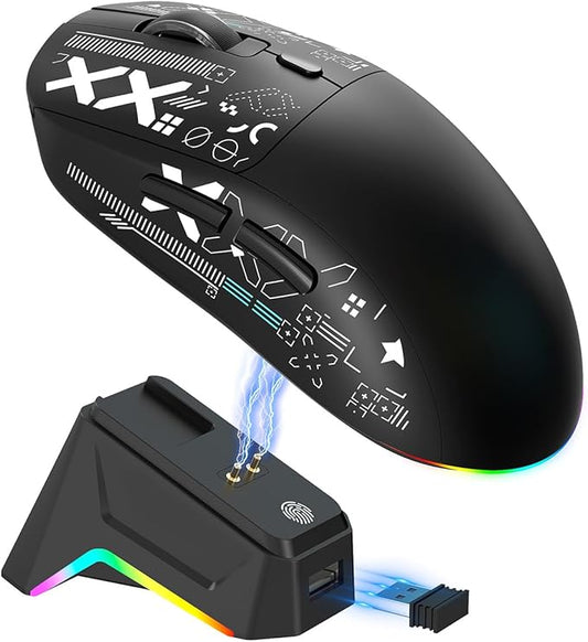 Wireless Gaming Mouse RGB Light, 3 Mode Wired 2.4G BT5.3 12000 DPI 7 Programmable Buttons, Magnetic Charging Dock for PC Laptop Gaming (Black)