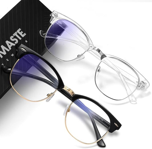 Blue Light Blocking Glasses Vintage Half Frame UV Clear Lens Anti Eyestrain Computer Gaming Glasses for Women Men (E-black Gold +crystal Silver)