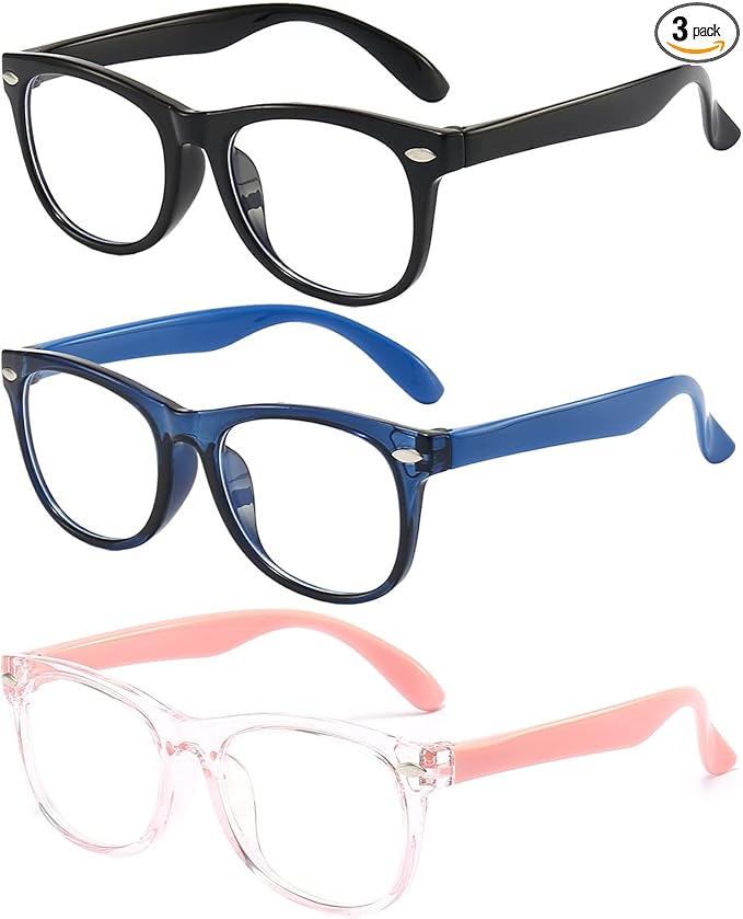 FANNYGO Kids Blue Light Blocking Glasses 3 Pack Fanngo Kids Computer Reading Glasses for Boys And Girls Age 3-9 (Black + Dark blue + Light powder)