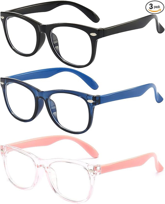 FANNYGO Kids Blue Light Blocking Glasses 3 Pack Fanngo Kids Computer Reading Glasses for Boys And Girls Age 3-9 (Black + Dark blue + Light powder)