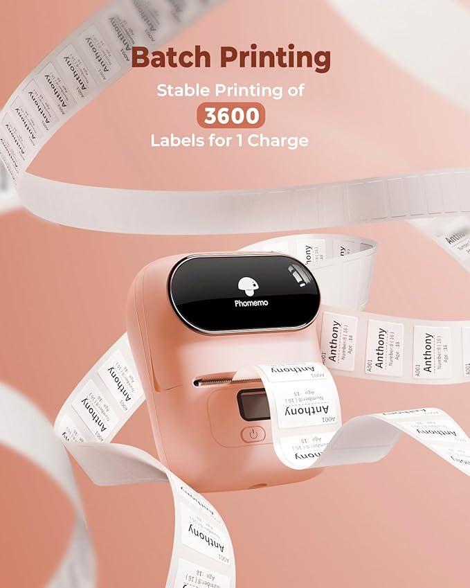 Phomemo Label Printer M110- Small Address Label Maker Bluetooth No Ink Portable for Small Business, Address, Office, Home for Phone; for PC/Mac(USB), with 100 Labels, Baby Pink