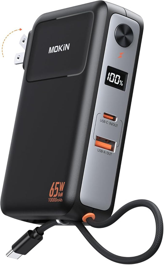 Portable Charger, 10000mAh Power Bank Built in Cable and Wall Plug 65W for Laptop, 3 in 1 Phone Battery Pack 35W Fast Charging, Travel Essentials USB-C Compatible with iPhone 17 16 15 Samsung MacBook