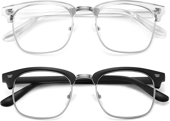 MEETSUN Blue Light Glasses Retro Half Frame Clear Lens - Anti-Eyestrain for Computer, Gaming & Phone Use | Women Men Fashion Glasses(Black Frame+Clear Frame/ 2 PACK)
